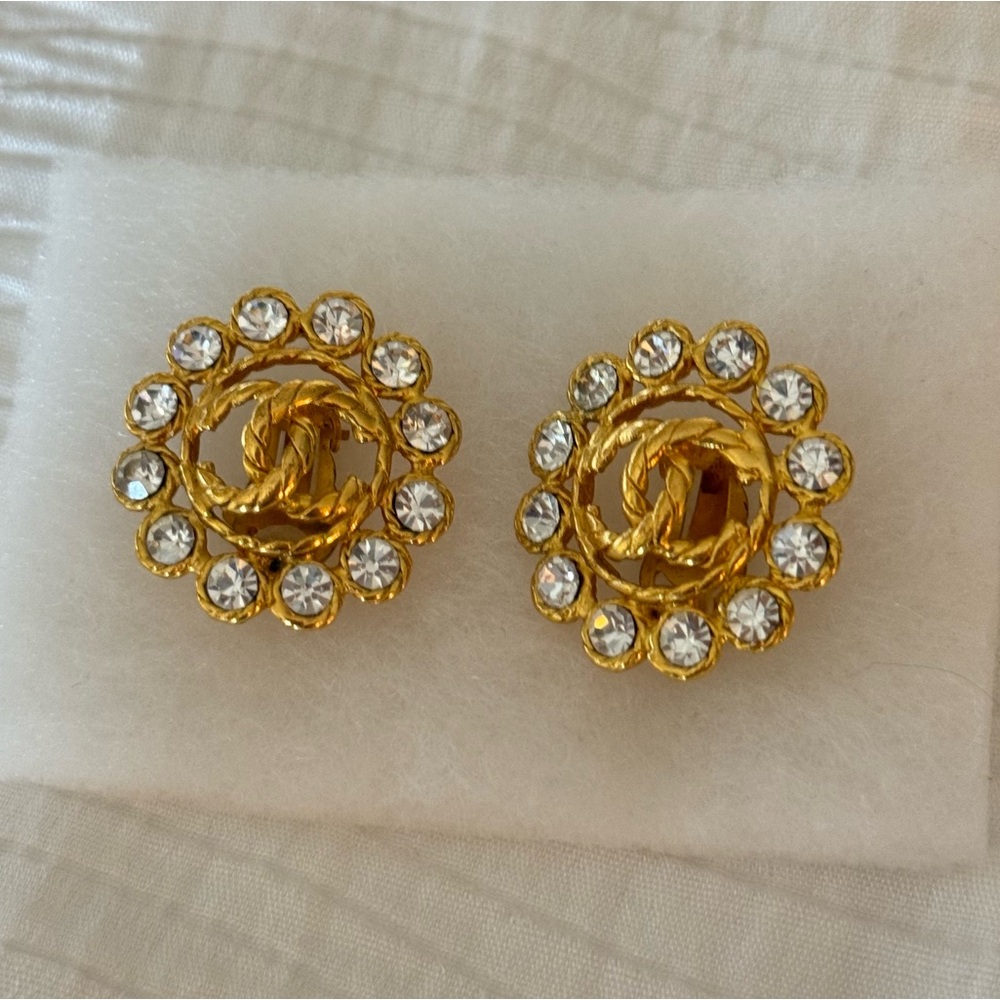 Chanel Vintage 90s Gold Metal CC Rhinestone-Embellished Button Earrings - Picture 9 of 13